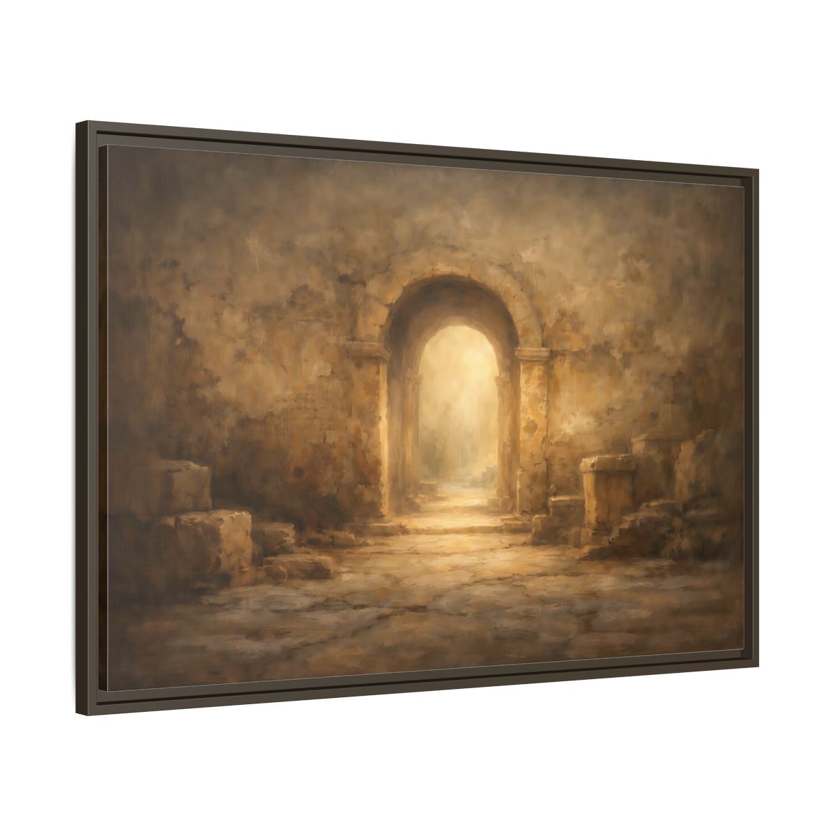 Side Mockup 9. Vintage Ancient Archway Brown And Gold Archway shown as stretched canvas wall art