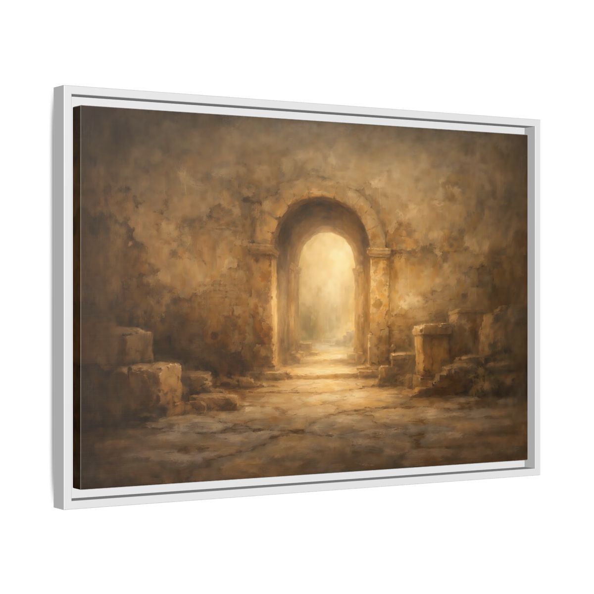 Side Mockup 10. Vintage Ancient Archway Brown And Gold Archway shown as stretched canvas wall art
