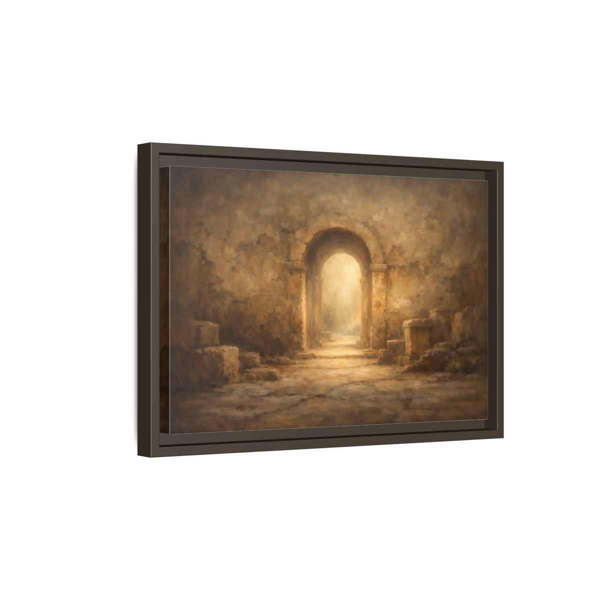 Side Mockup 5. Vintage Ancient Archway Brown And Gold Archway shown as stretched canvas wall art