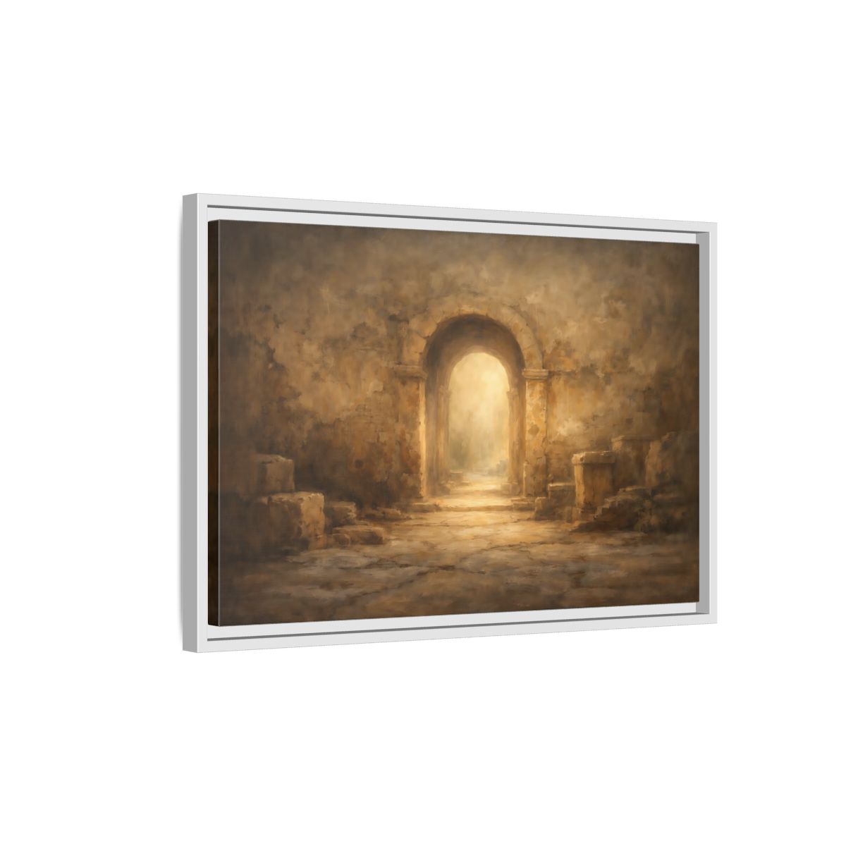Side Mockup 1. Vintage Ancient Archway Brown And Gold Archway shown as stretched canvas wall art