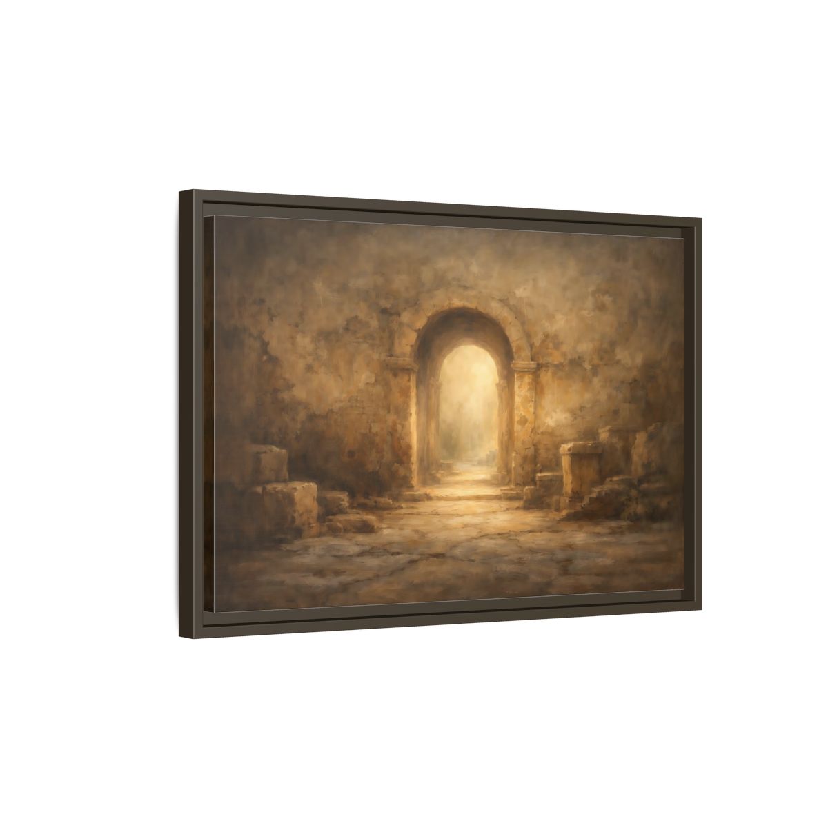 Side Mockup 2. Vintage Ancient Archway Brown And Gold Archway shown as stretched canvas wall art