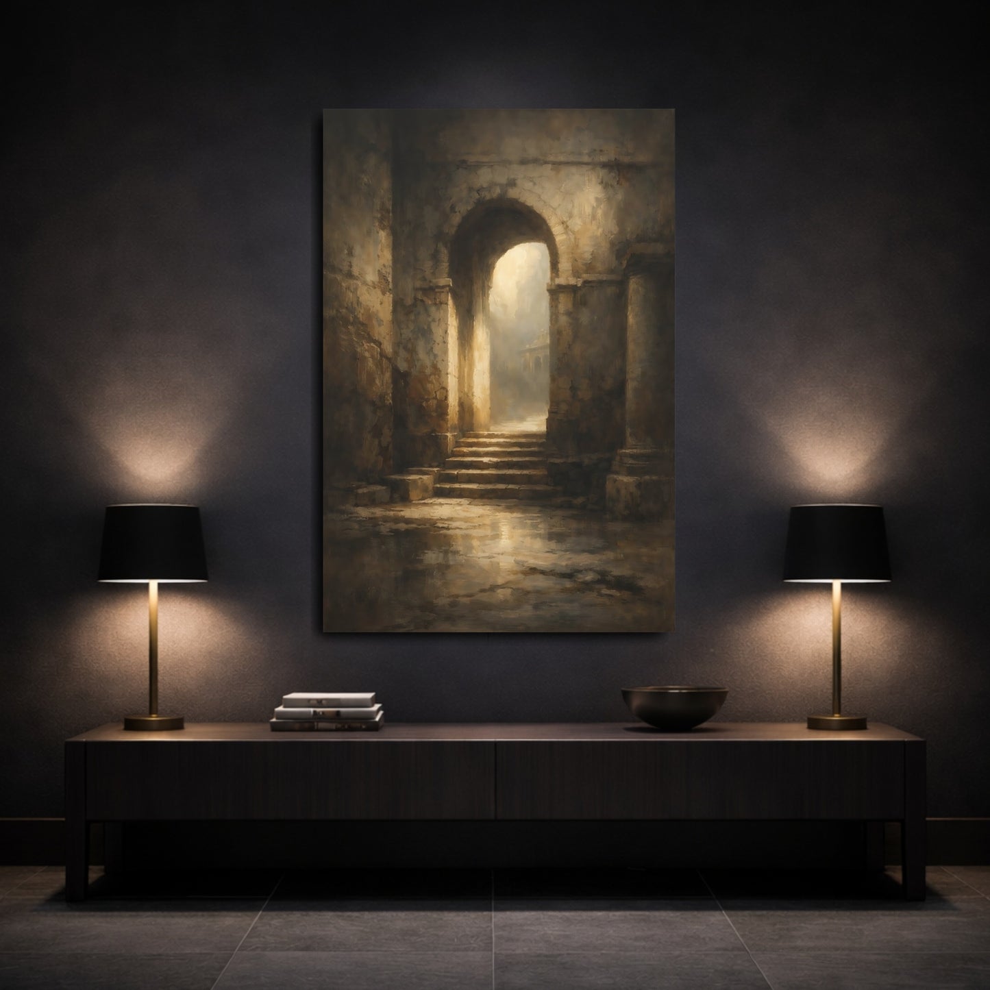Mockup 2. Vintage Ancient Archway Brown And Gold shown as stretched canvas wall art