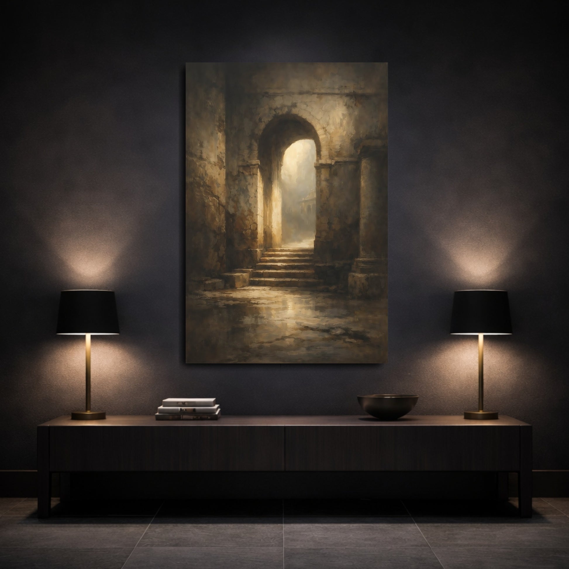 Mockup 2. Vintage Ancient Archway Brown And Gold shown as stretched canvas wall art
