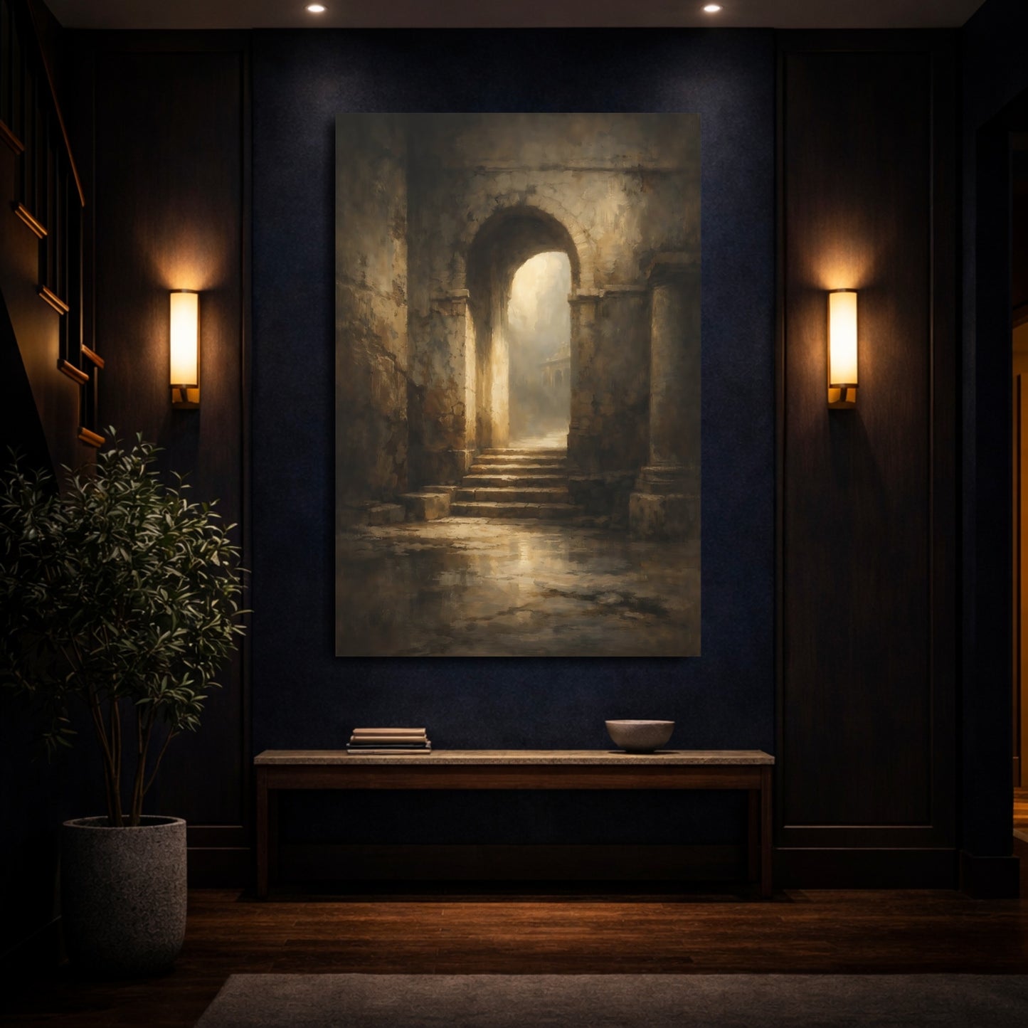 Mockup 3. Vintage Ancient Archway Brown And Gold shown as stretched canvas wall art