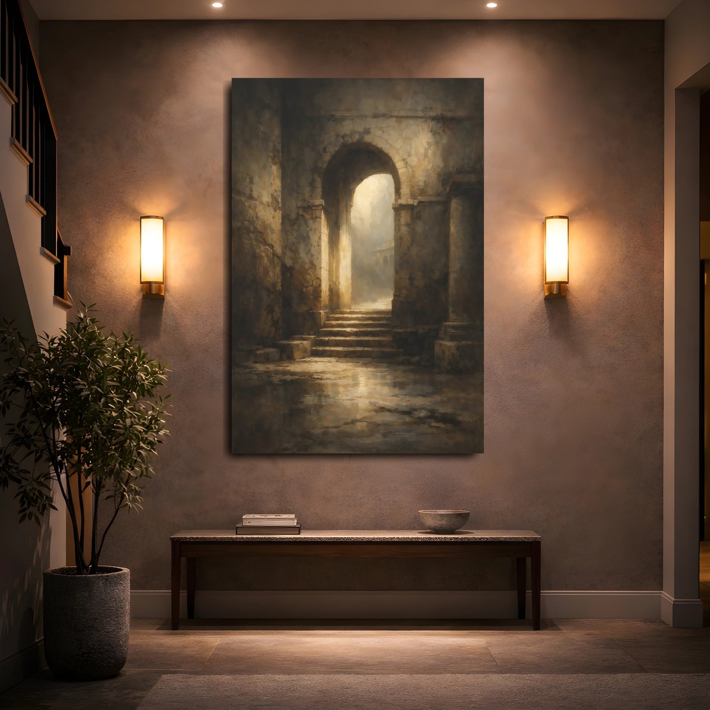 Mockup 4. Vintage Ancient Archway Brown And Gold shown as stretched canvas wall art