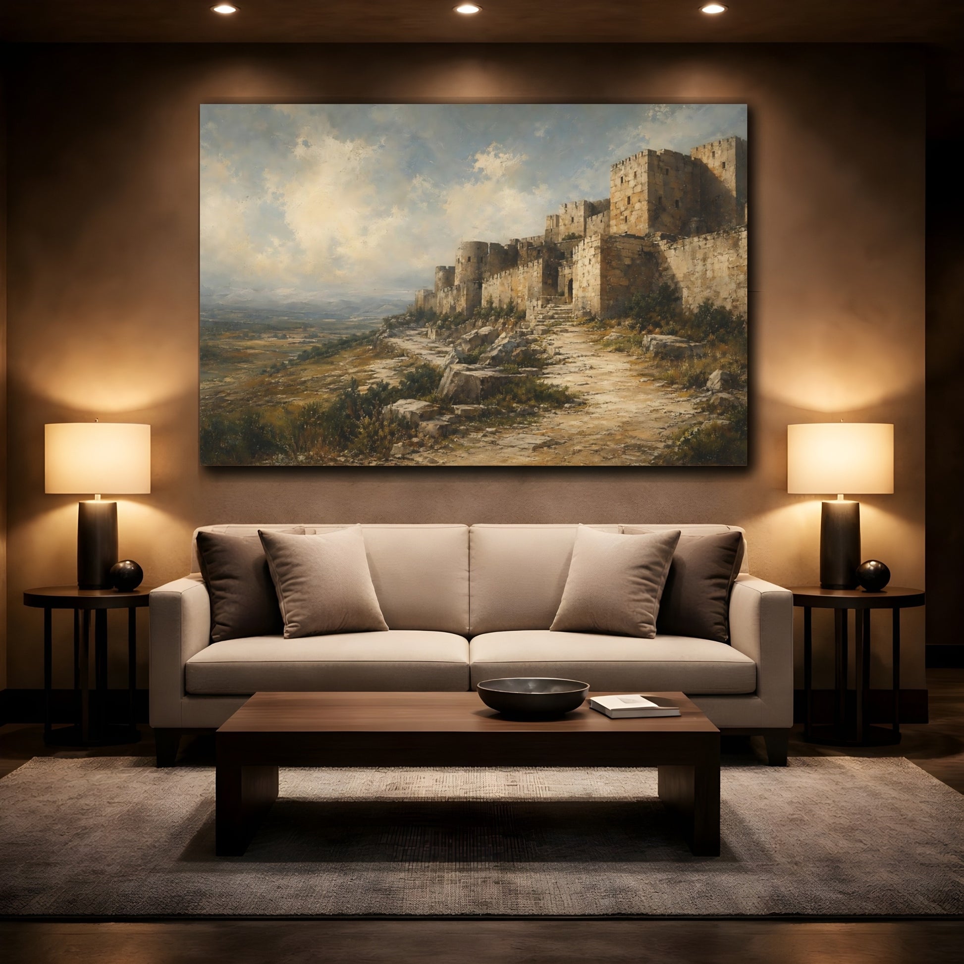 Mockup 2. Vintage Ancient Fortress Ancient Fortress Landscape shown as stretched canvas wall art