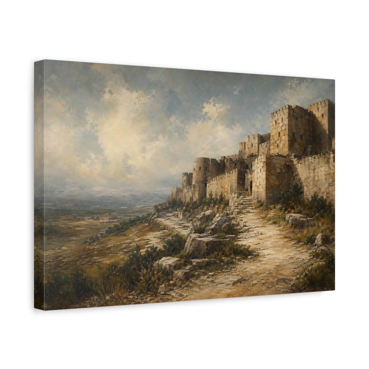 Side Mockup 4. Vintage Ancient Fortress Ancient Fortress Landscape shown as stretched canvas wall art