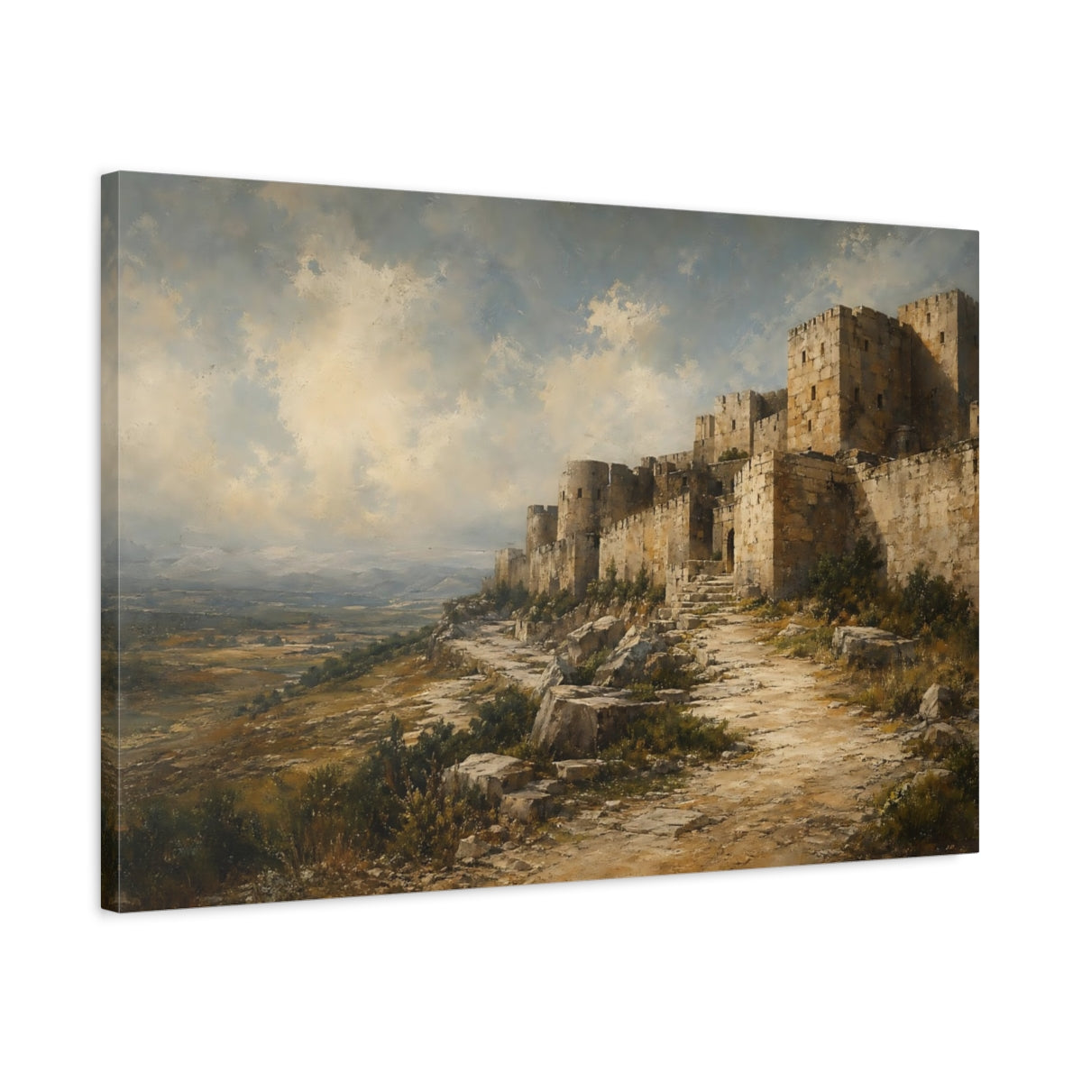 Side Mockup 2. Vintage Ancient Fortress Ancient Fortress Landscape shown as stretched canvas wall art