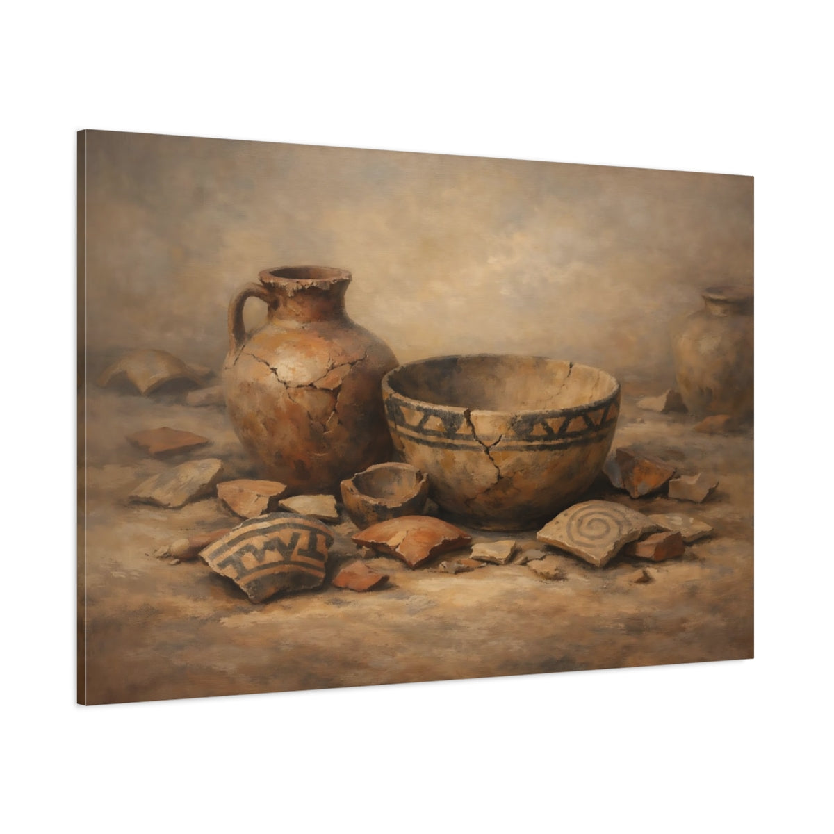Main Mockup. Vintage Ancient Pottery Brown And Beige shown as stretched canvas wall art