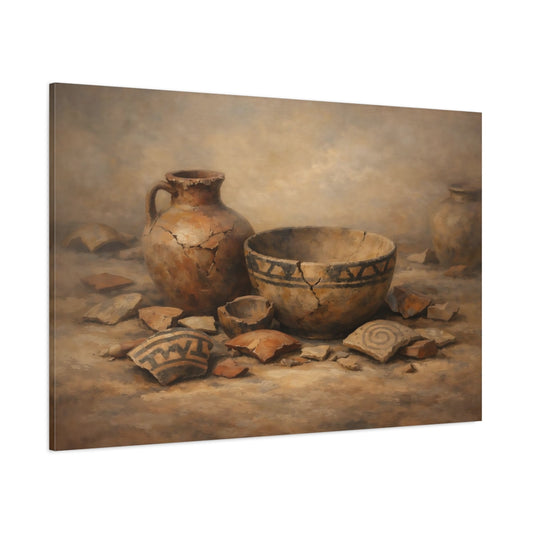 Main Mockup. Vintage Ancient Pottery Brown And Beige shown as stretched canvas wall art