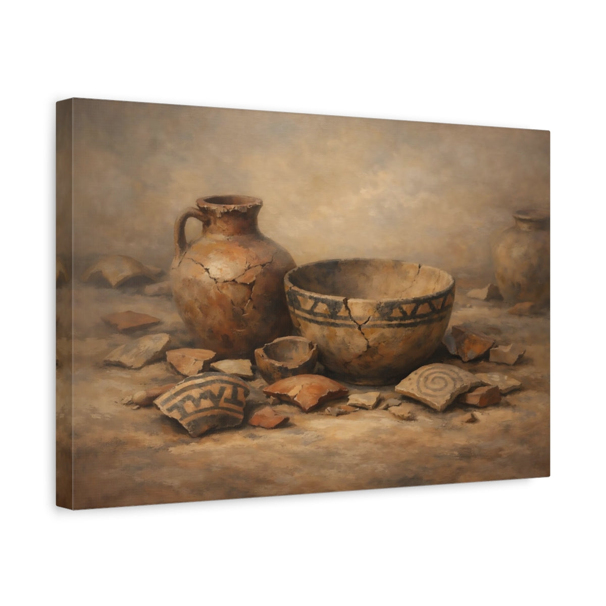 Side Mockup 4. Vintage Ancient Pottery Brown And Beige shown as stretched canvas wall art
