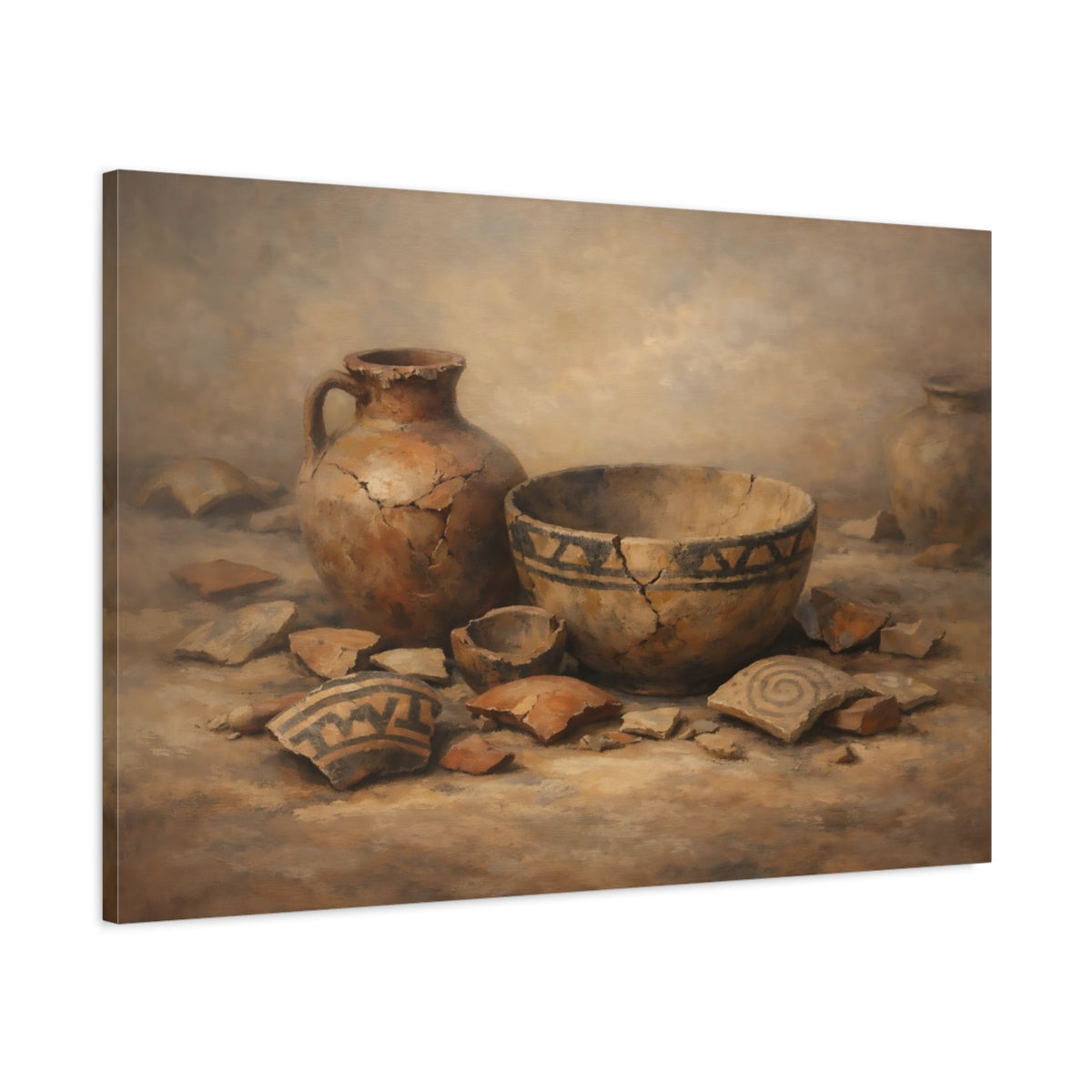 Side Mockup 1. Vintage Ancient Pottery Brown And Beige shown as stretched canvas wall art