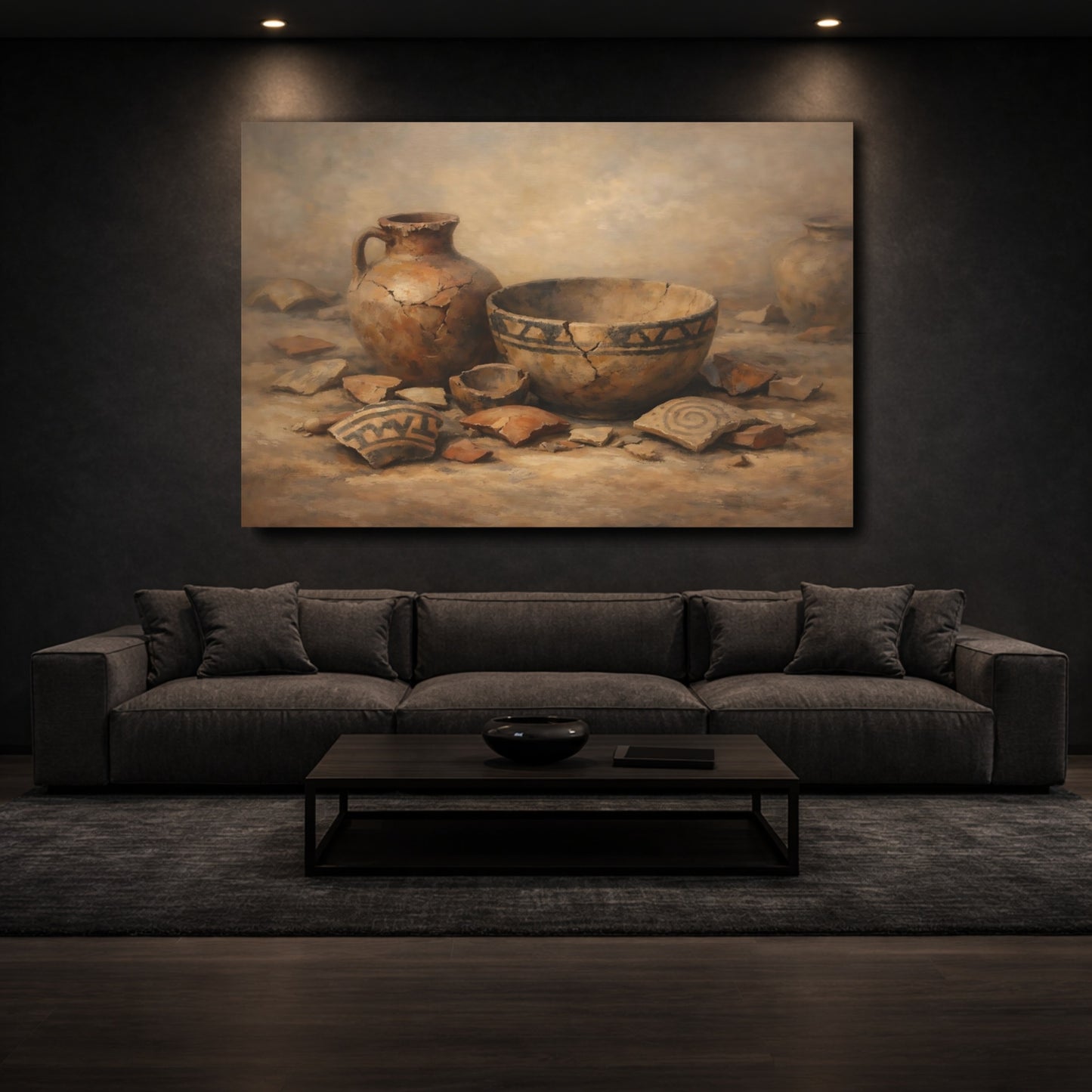 Mockup 2. Vintage Ancient Pottery Brown And Beige shown as stretched canvas wall art