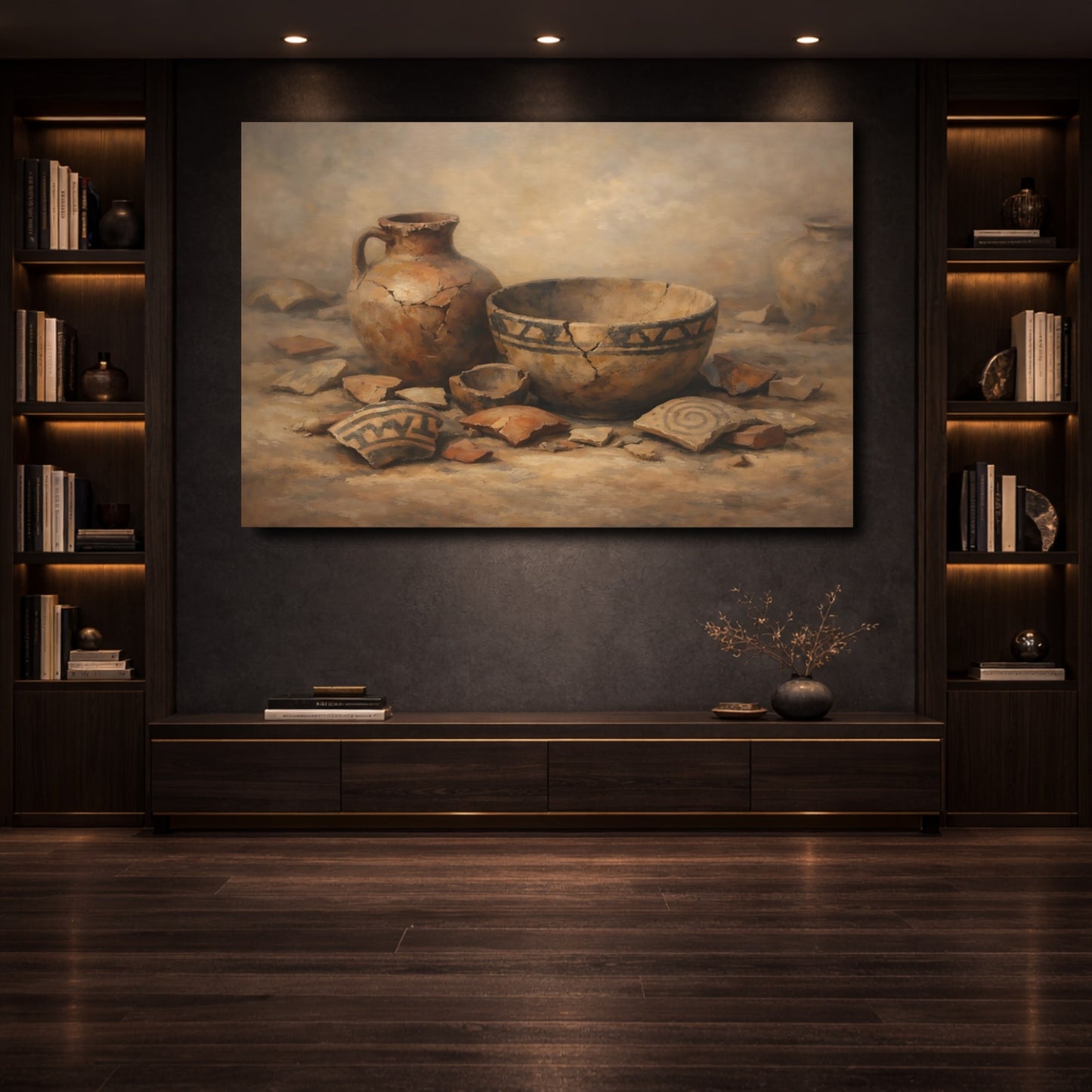 Mockup 3. Vintage Ancient Pottery Brown And Beige shown as stretched canvas wall art