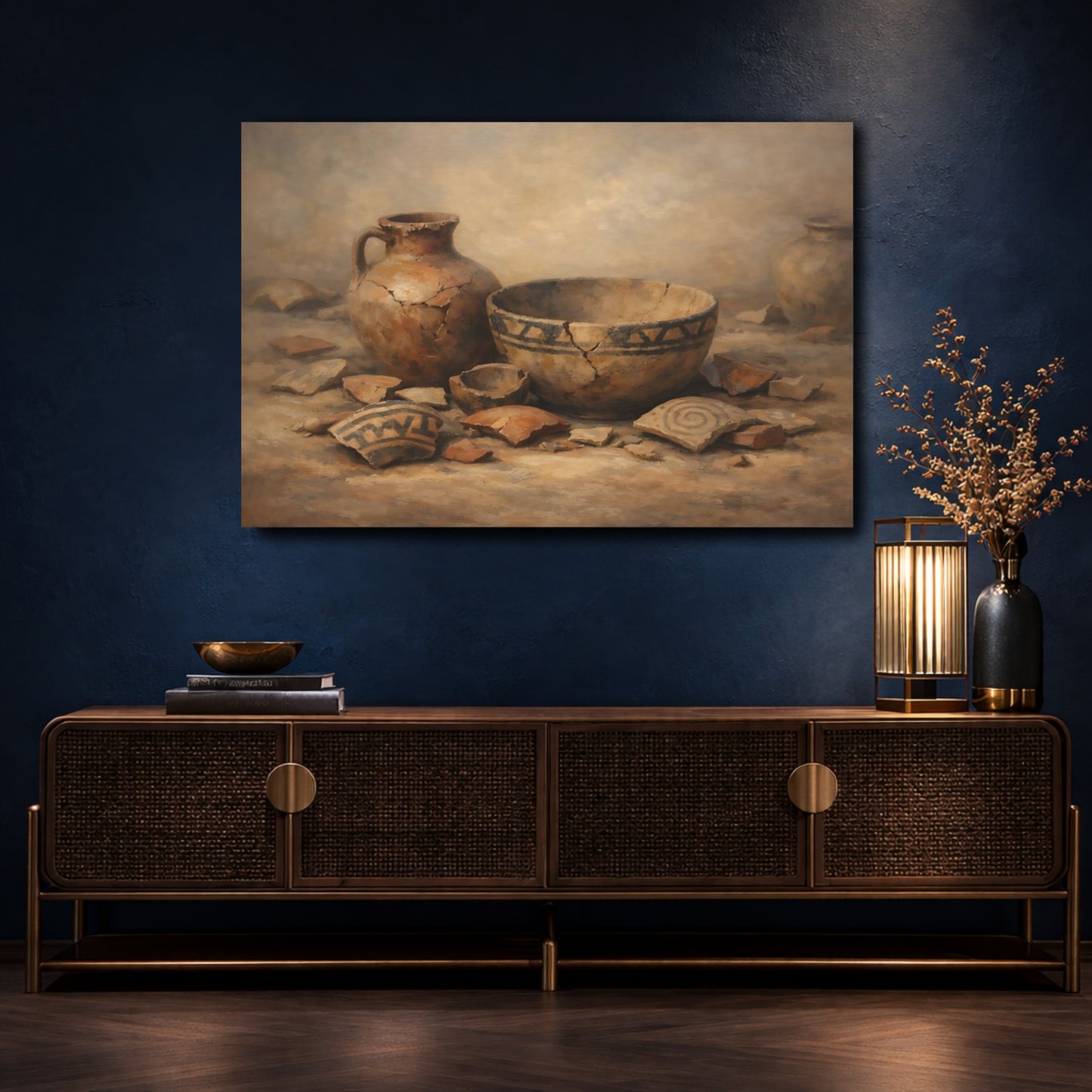 Mockup 4. Vintage Ancient Pottery Brown And Beige shown as stretched canvas wall art