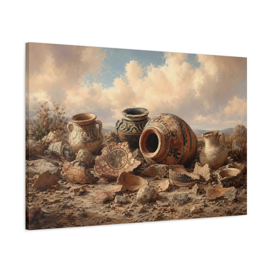 Main Mockup. Vintage Ancient Pottery Brown And Blue Pottery shown as stretched canvas wall art