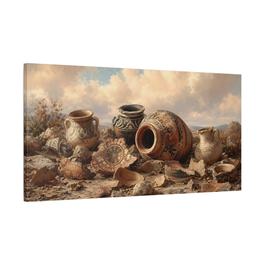 Main Mockup. Vintage Ancient Pottery Brown And Orange shown as stretched canvas wall art
