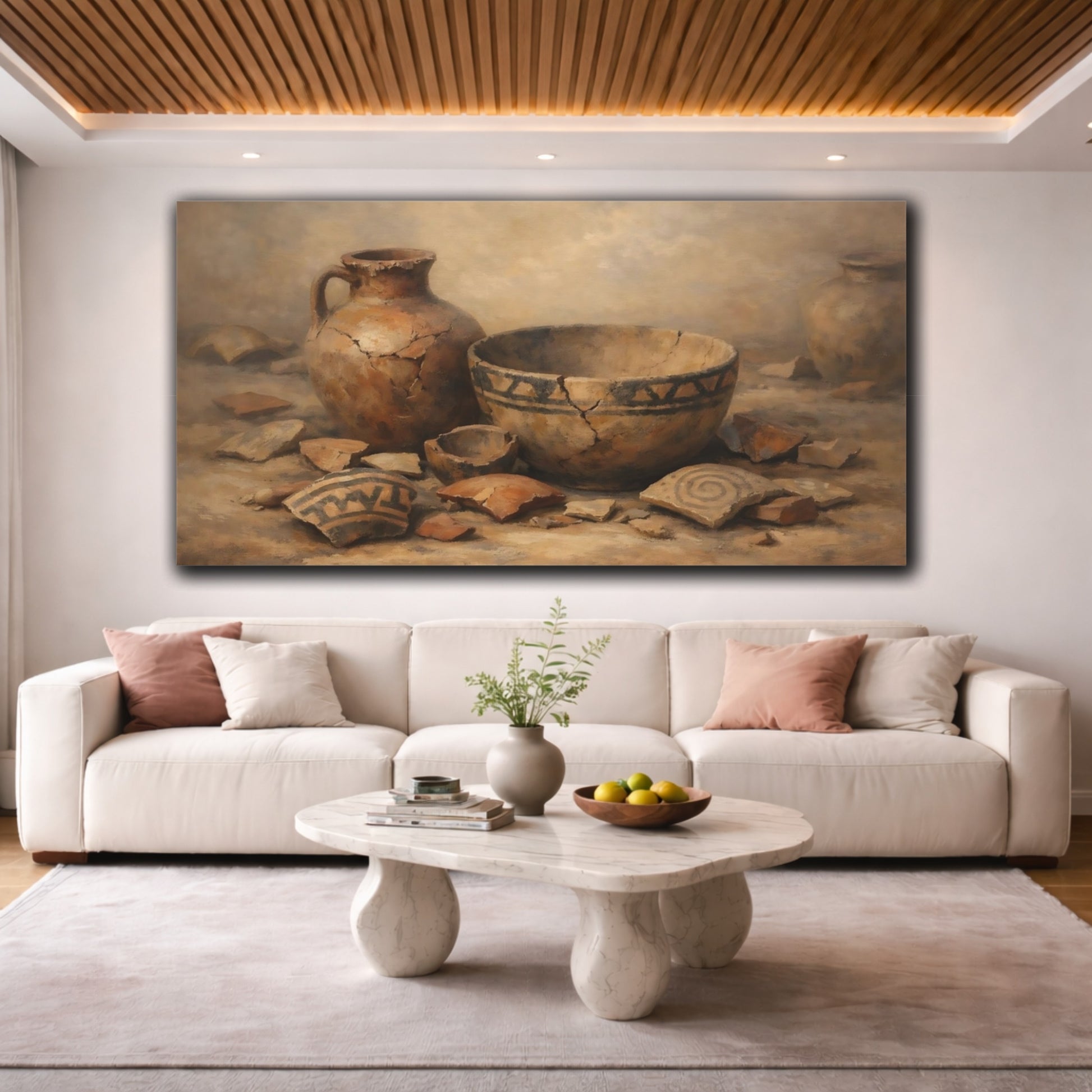 Mockup 3. Vintage Ancient Pottery Earthen Pottery shown as stretched canvas wall art