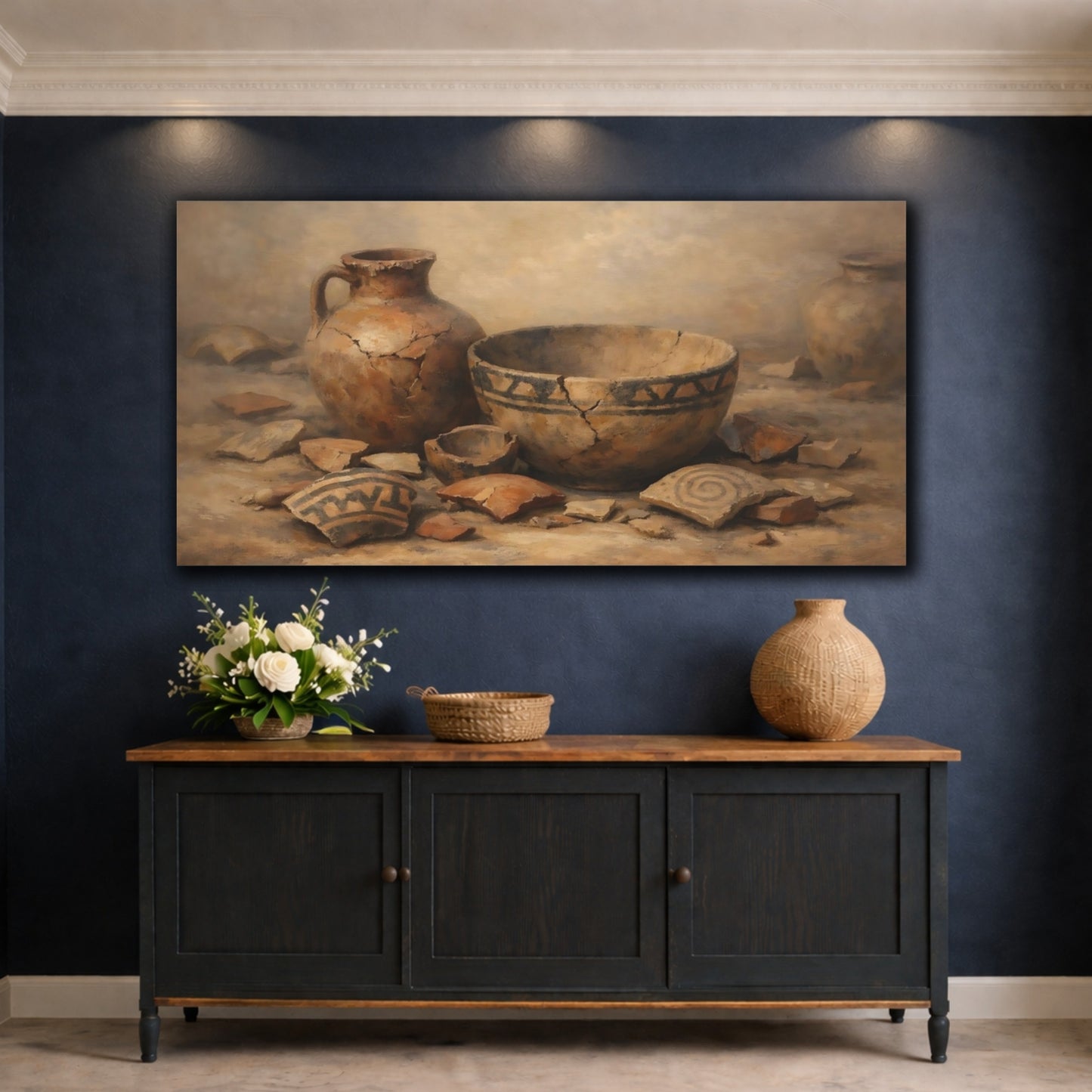 Mockup 4. Vintage Ancient Pottery Earthen Pottery shown as stretched canvas wall art