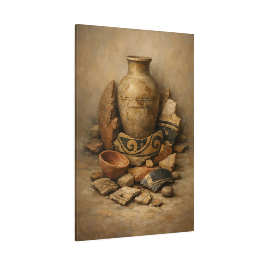 Main Mockup. Vintage Ancient Pottery Earthy Tones shown as stretched canvas wall art