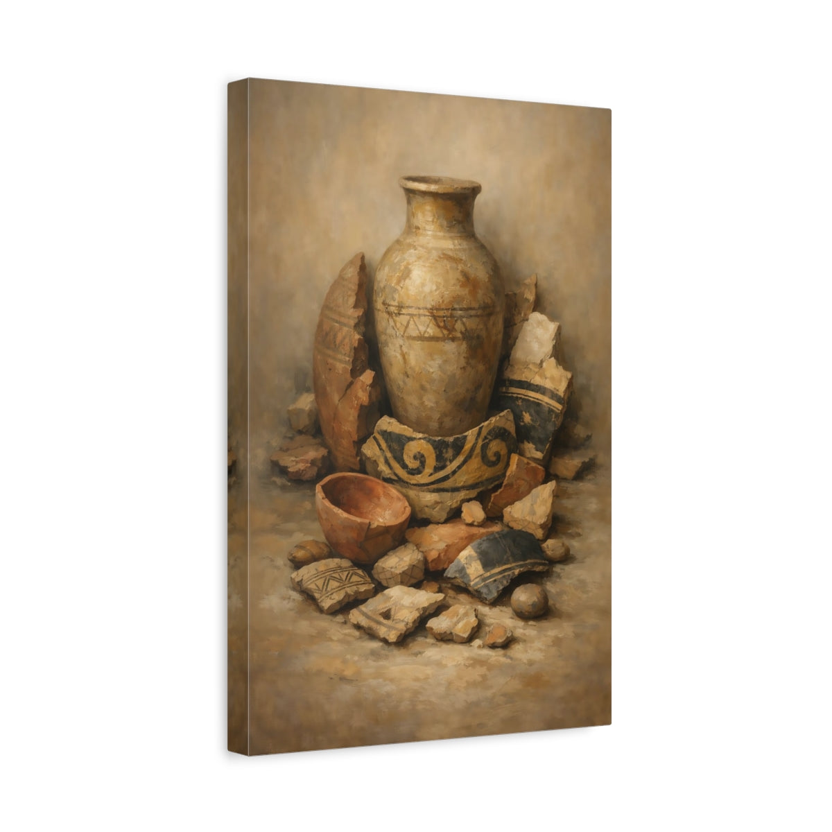 Side Mockup 4. Vintage Ancient Pottery Earthy Tones shown as stretched canvas wall art