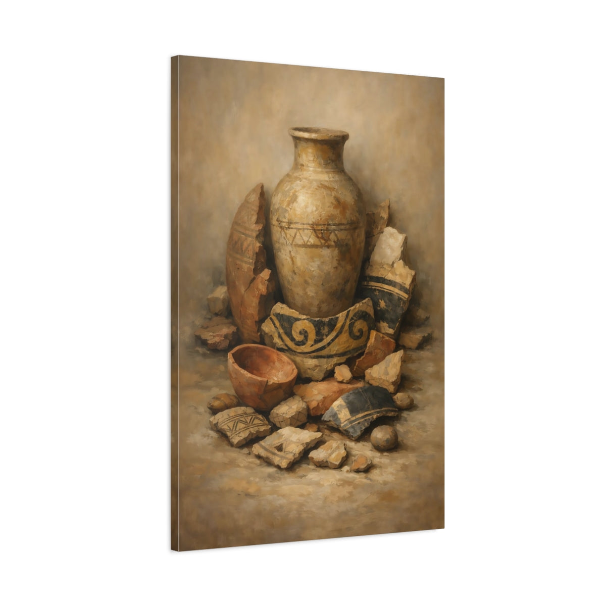 Side Mockup 1. Vintage Ancient Pottery Earthy Tones shown as stretched canvas wall art