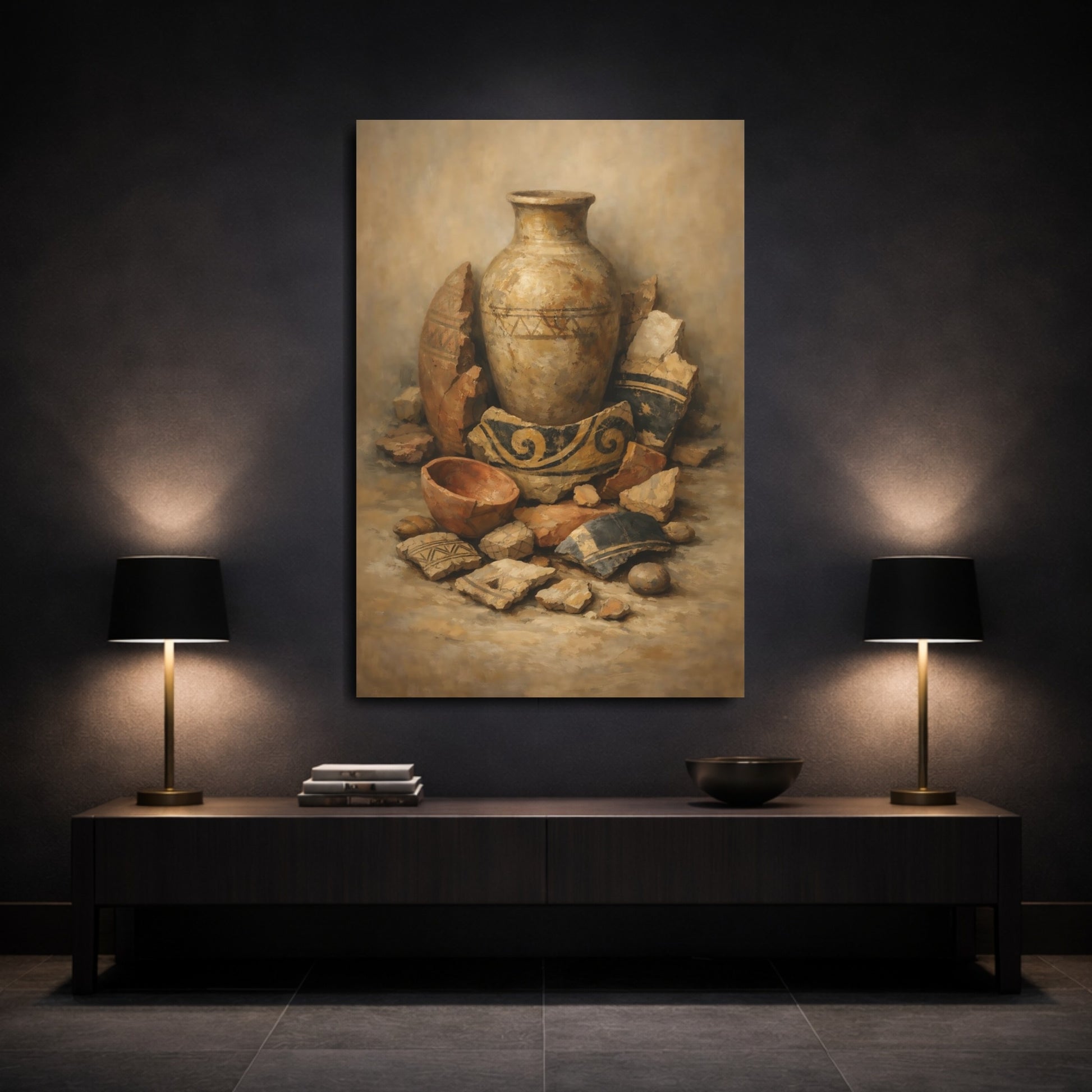 Mockup 2. Vintage Ancient Pottery Earthy Tones shown as stretched canvas wall art