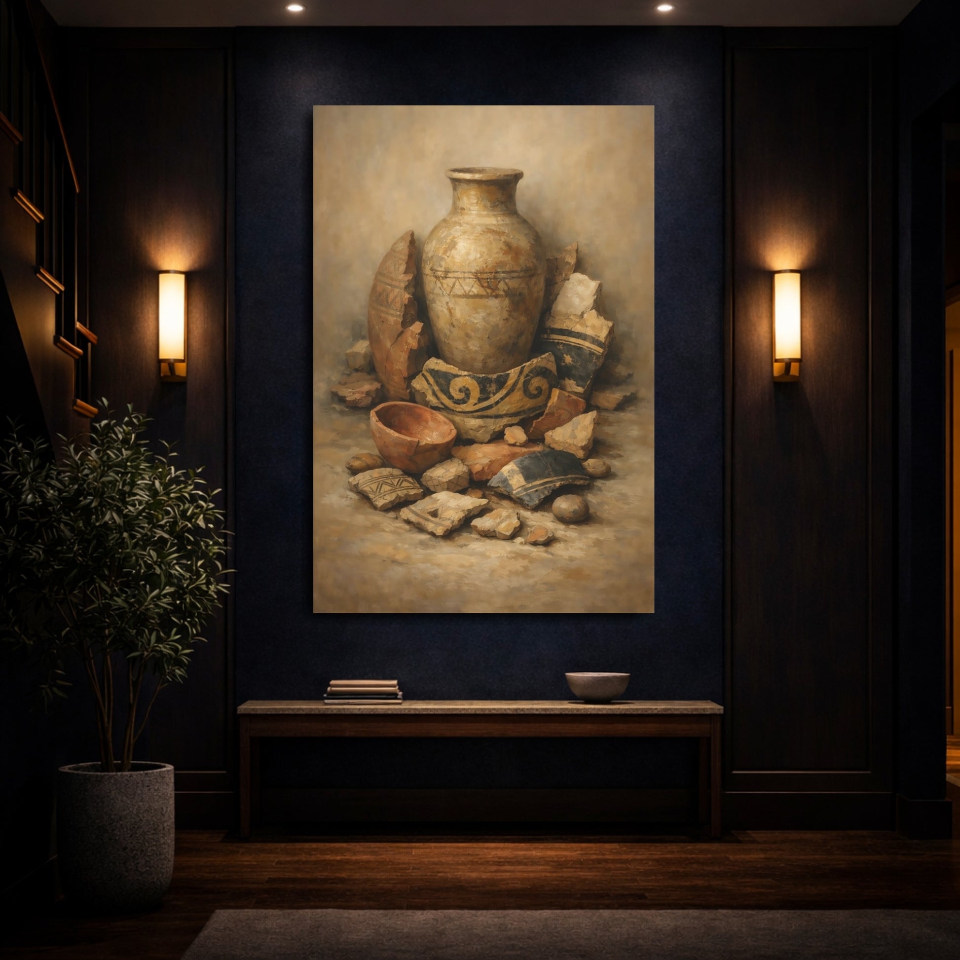 Mockup 3. Vintage Ancient Pottery Earthy Tones shown as stretched canvas wall art