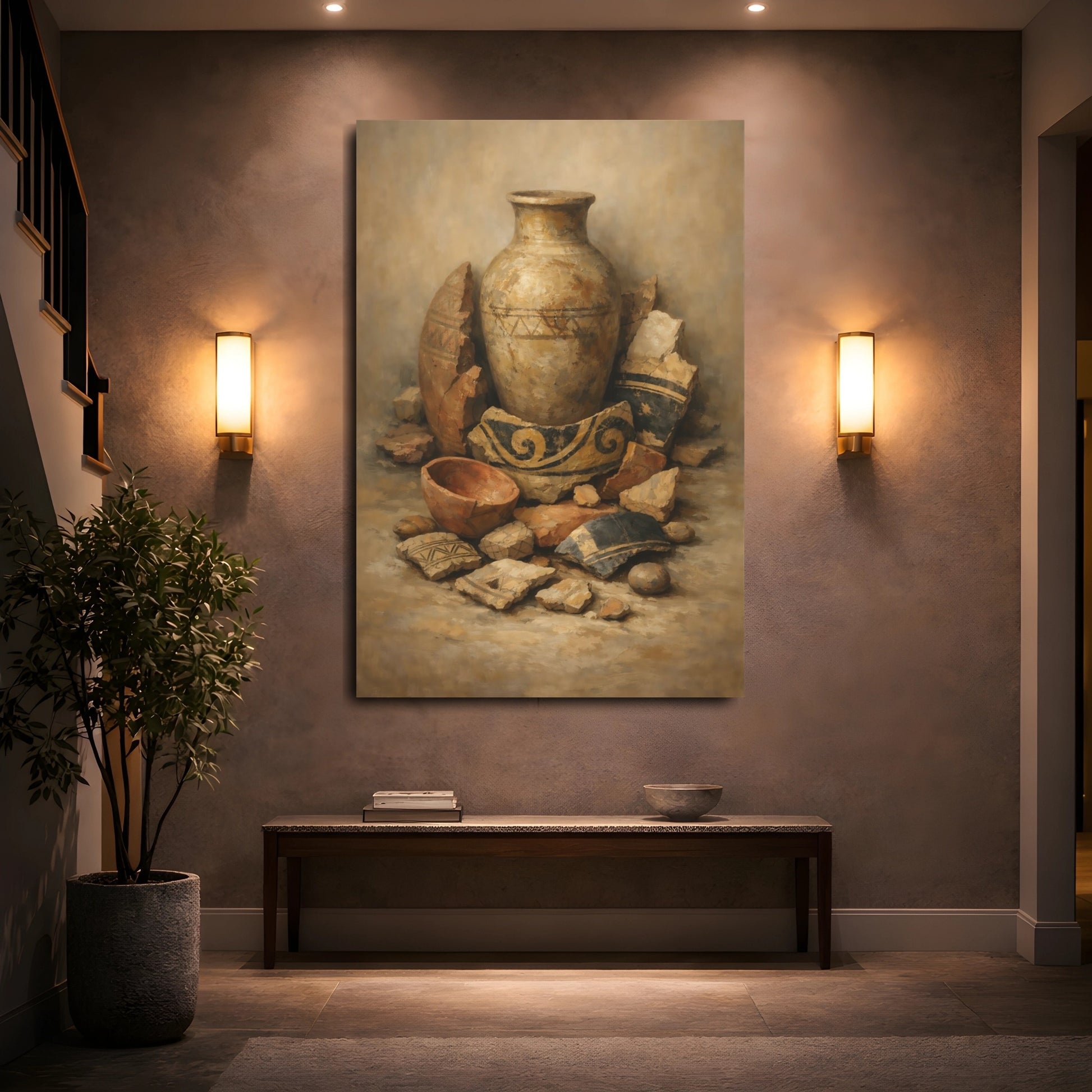 Mockup 4. Vintage Ancient Pottery Earthy Tones shown as stretched canvas wall art