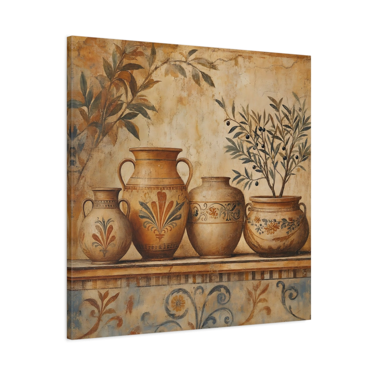 Main Mockup. Vintage Ancient Pottery Terracotta Olive Tree shown as stretched canvas wall art