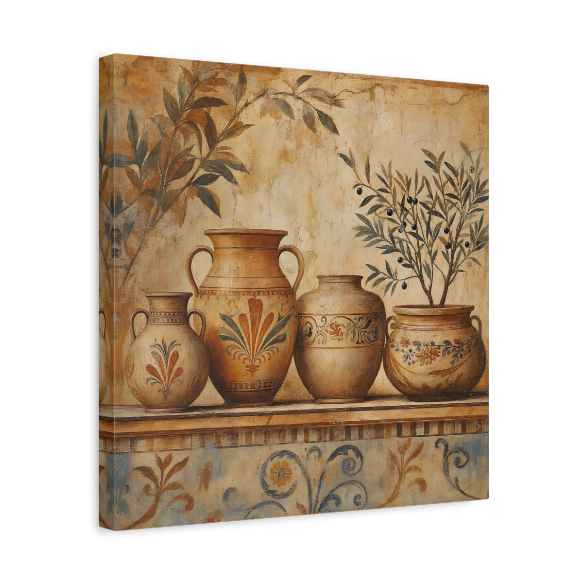 Side Mockup 6. Vintage Ancient Pottery Terracotta Olive Tree shown as stretched canvas wall art