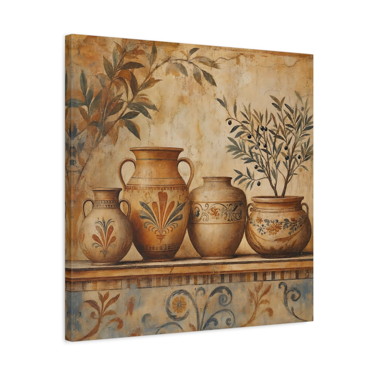 Side Mockup 4. Vintage Ancient Pottery Terracotta Olive Tree shown as stretched canvas wall art