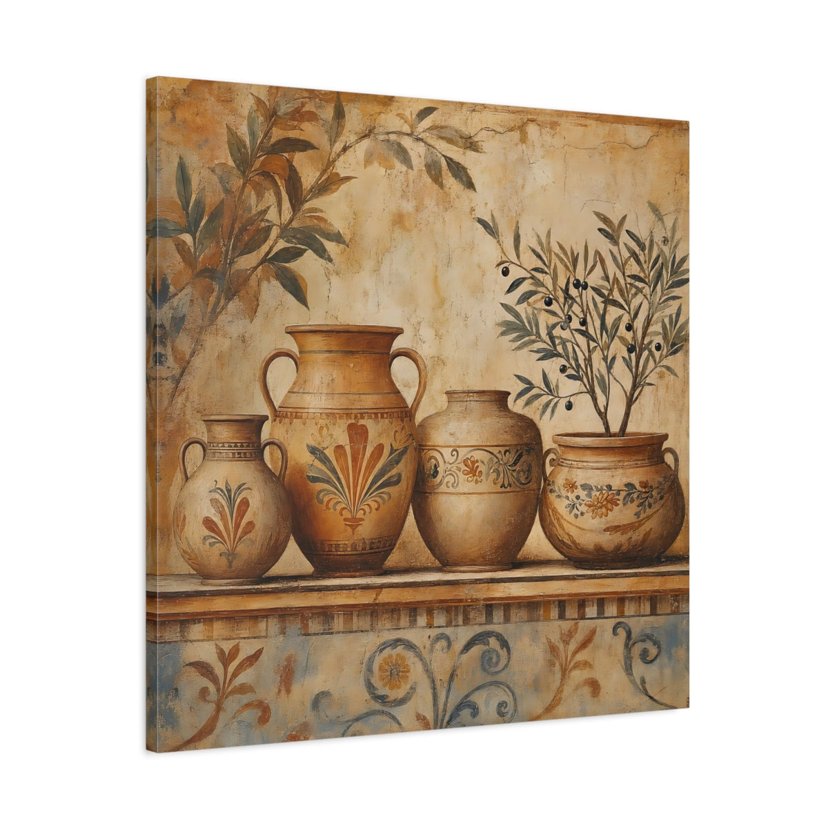 Side Mockup 3. Vintage Ancient Pottery Terracotta Olive Tree shown as stretched canvas wall art