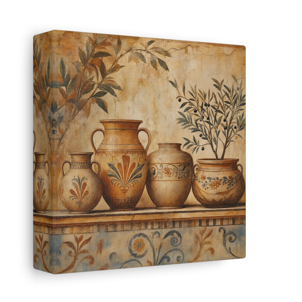 Side Mockup 2. Vintage Ancient Pottery Terracotta Olive Tree shown as stretched canvas wall art