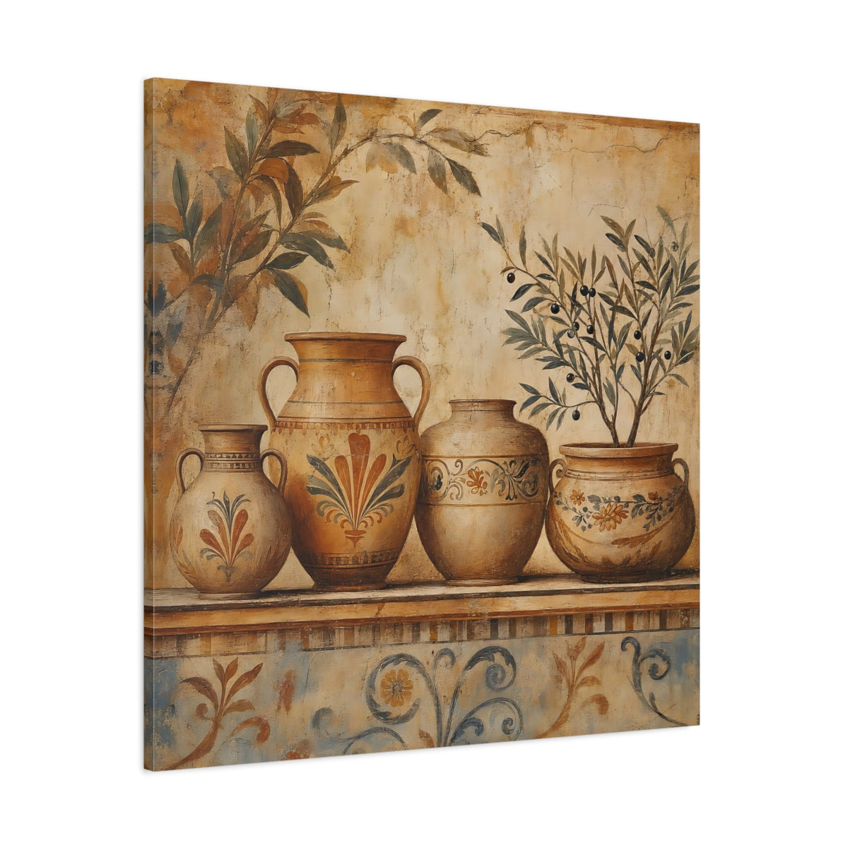 Side Mockup 1. Vintage Ancient Pottery Terracotta Olive Tree shown as stretched canvas wall art