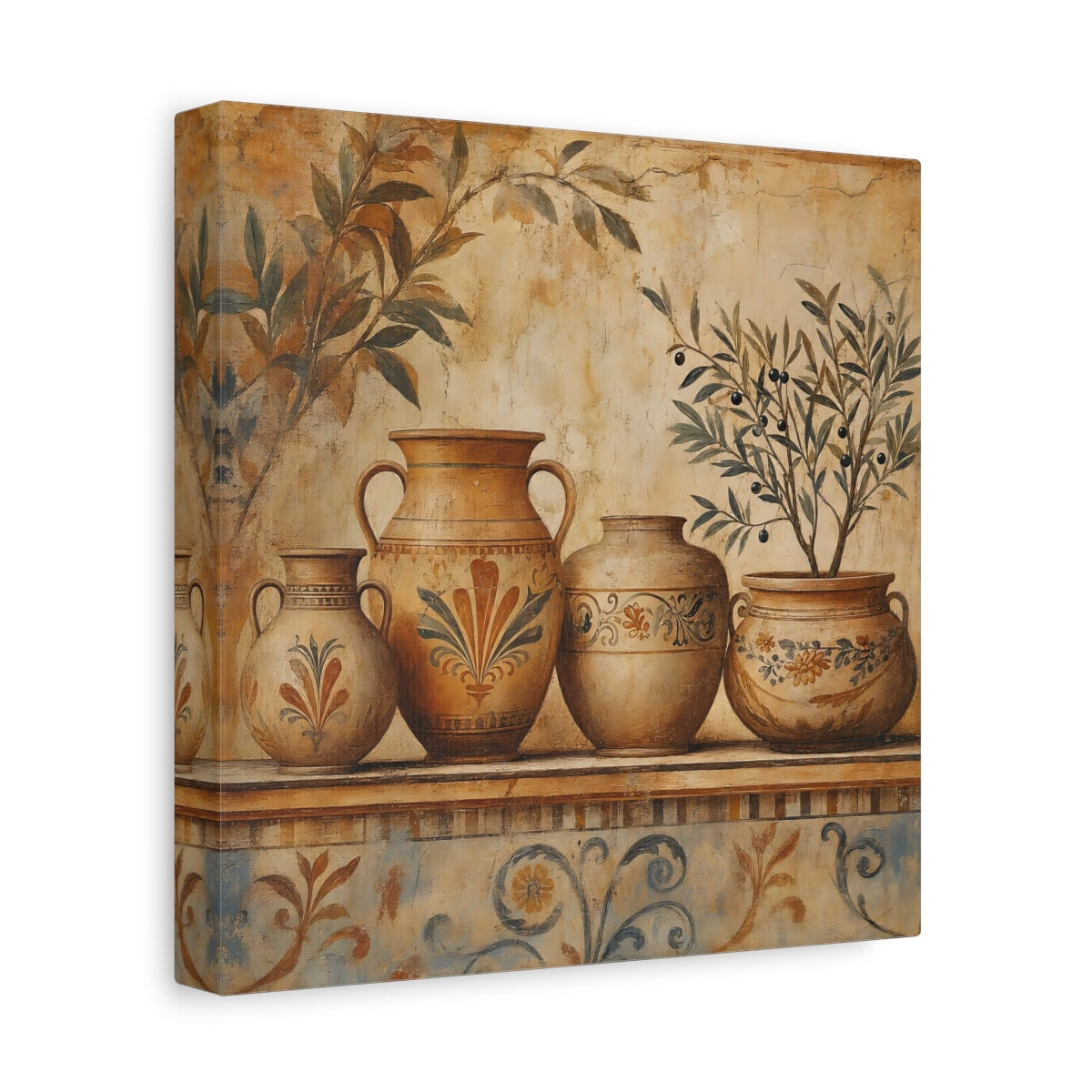 Side Mockup 9. Vintage Ancient Pottery Terracotta Olive Tree shown as stretched canvas wall art