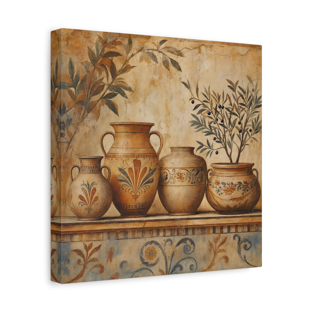 Side Mockup 8. Vintage Ancient Pottery Terracotta Olive Tree shown as stretched canvas wall art