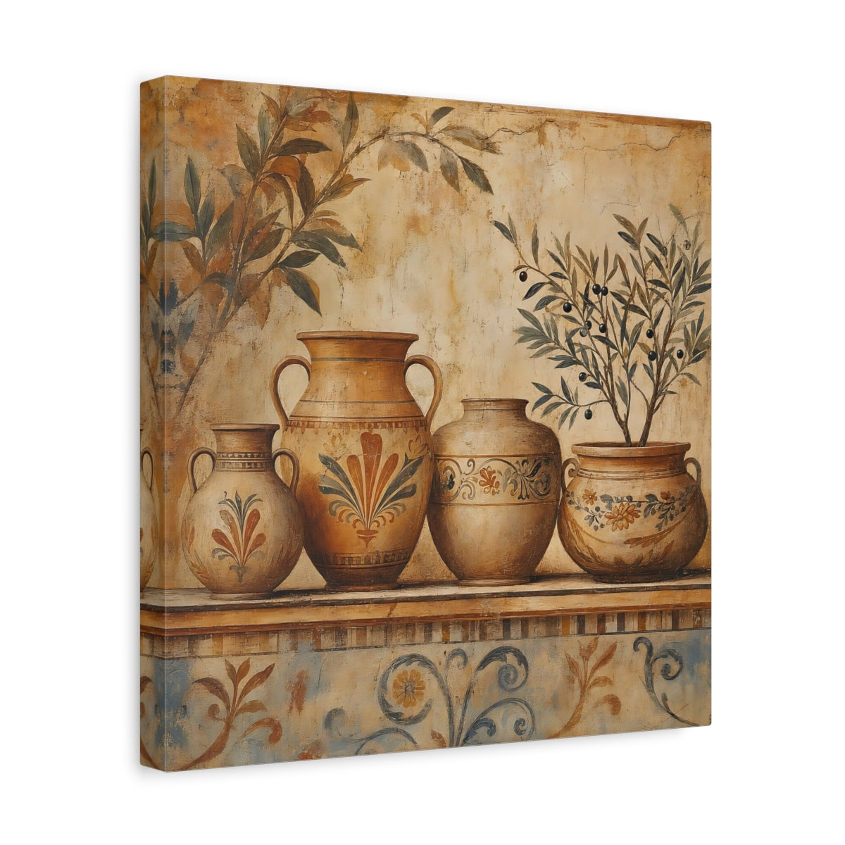 Side Mockup 7. Vintage Ancient Pottery Terracotta Olive Tree shown as stretched canvas wall art