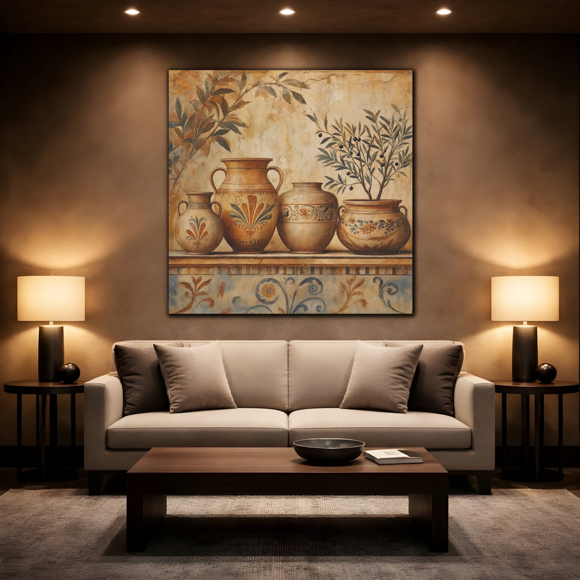 Mockup 2. Vintage Ancient Pottery Terracotta Olive Tree shown as stretched canvas wall art