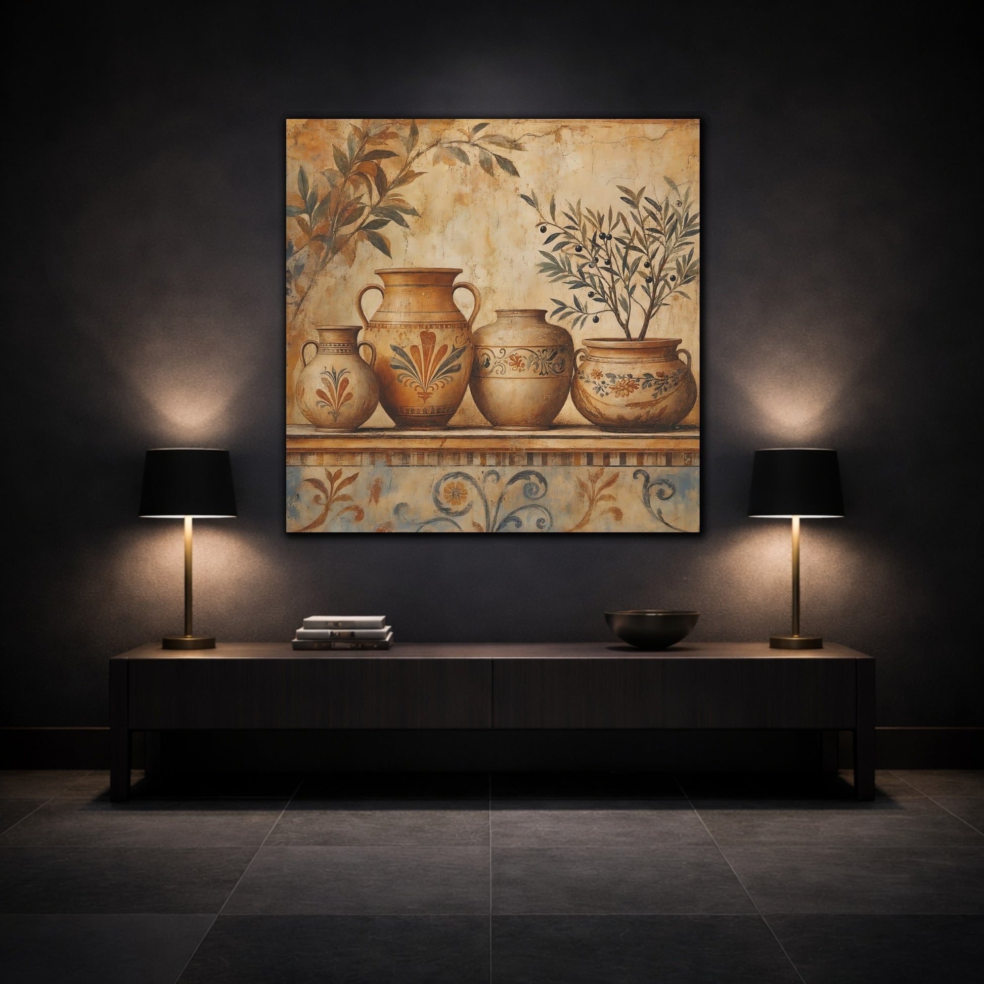 Mockup 3. Vintage Ancient Pottery Terracotta Olive Tree shown as stretched canvas wall art