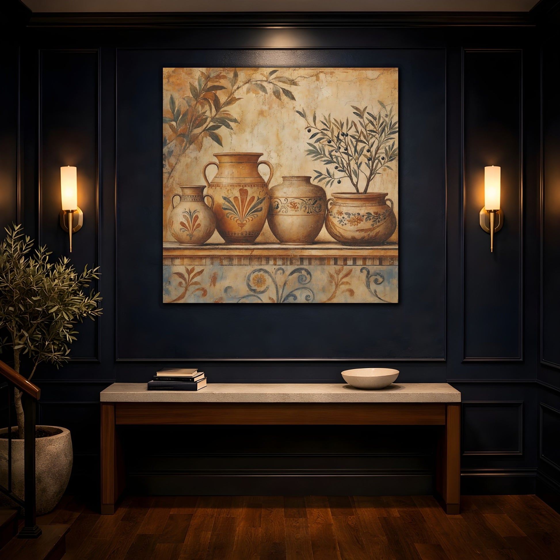 Mockup 4. Vintage Ancient Pottery Terracotta Olive Tree shown as stretched canvas wall art