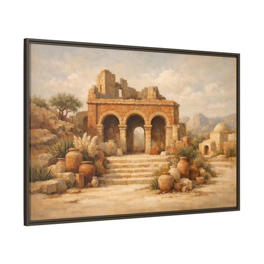 Main Mockup. Vintage Ancient Ruins Brown And Beige shown as stretched canvas wall art