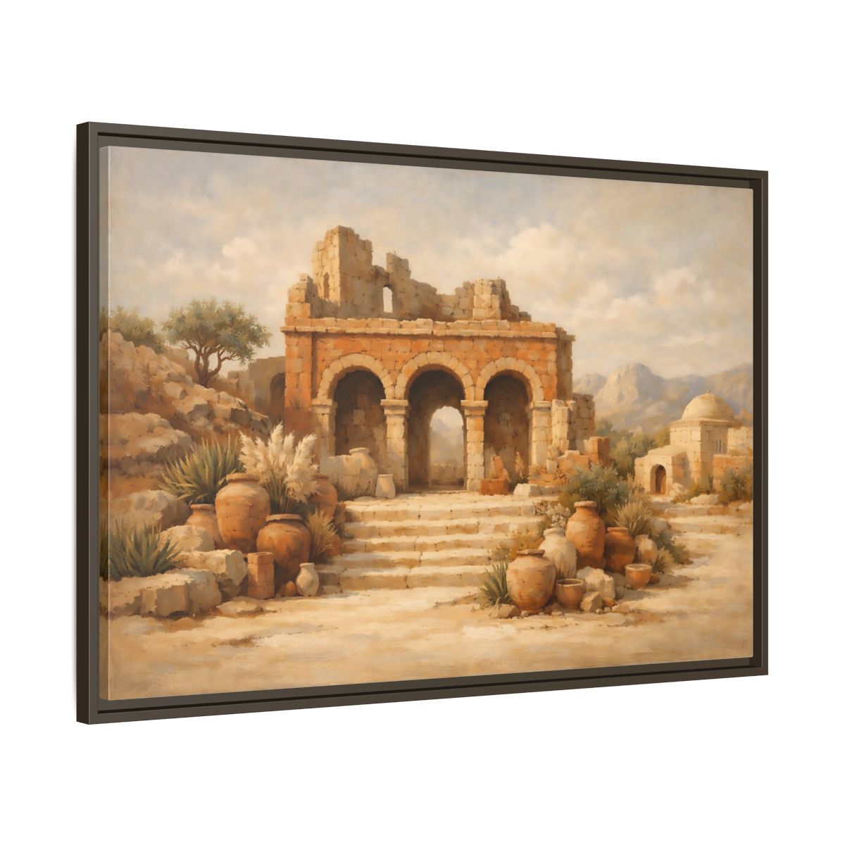 Side Mockup 9. Vintage Ancient Ruins Brown And Beige shown as stretched canvas wall art