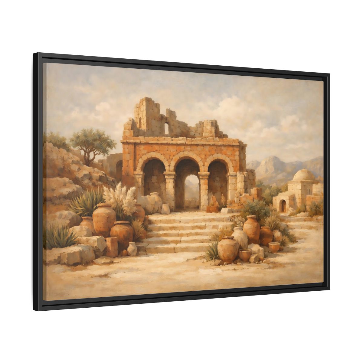 Side Mockup 13. Vintage Ancient Ruins Brown And Beige shown as stretched canvas wall art