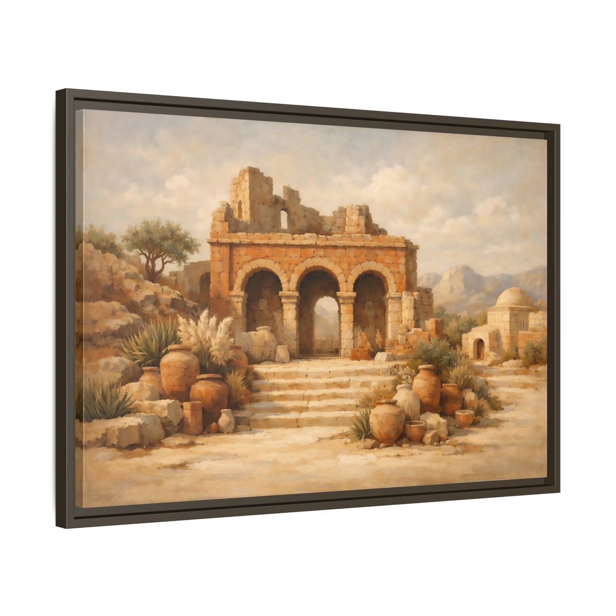 Side Mockup 11. Vintage Ancient Ruins Brown And Beige shown as stretched canvas wall art