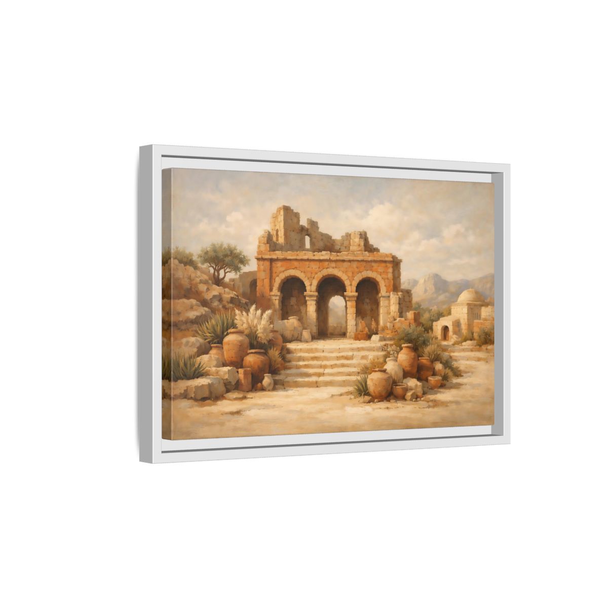 Side Mockup 4. Vintage Ancient Ruins Brown And Beige shown as stretched canvas wall art