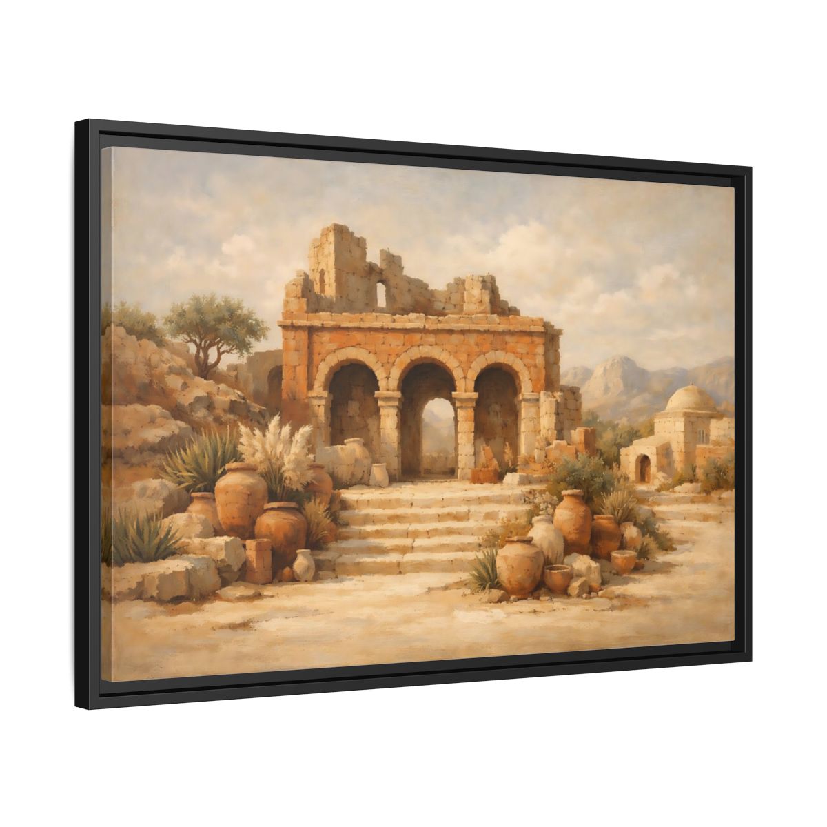 Side Mockup 14. Vintage Ancient Ruins Brown And Beige shown as stretched canvas wall art