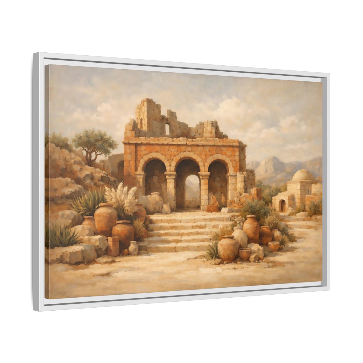 Side Mockup 10. Vintage Ancient Ruins Brown And Beige shown as stretched canvas wall art