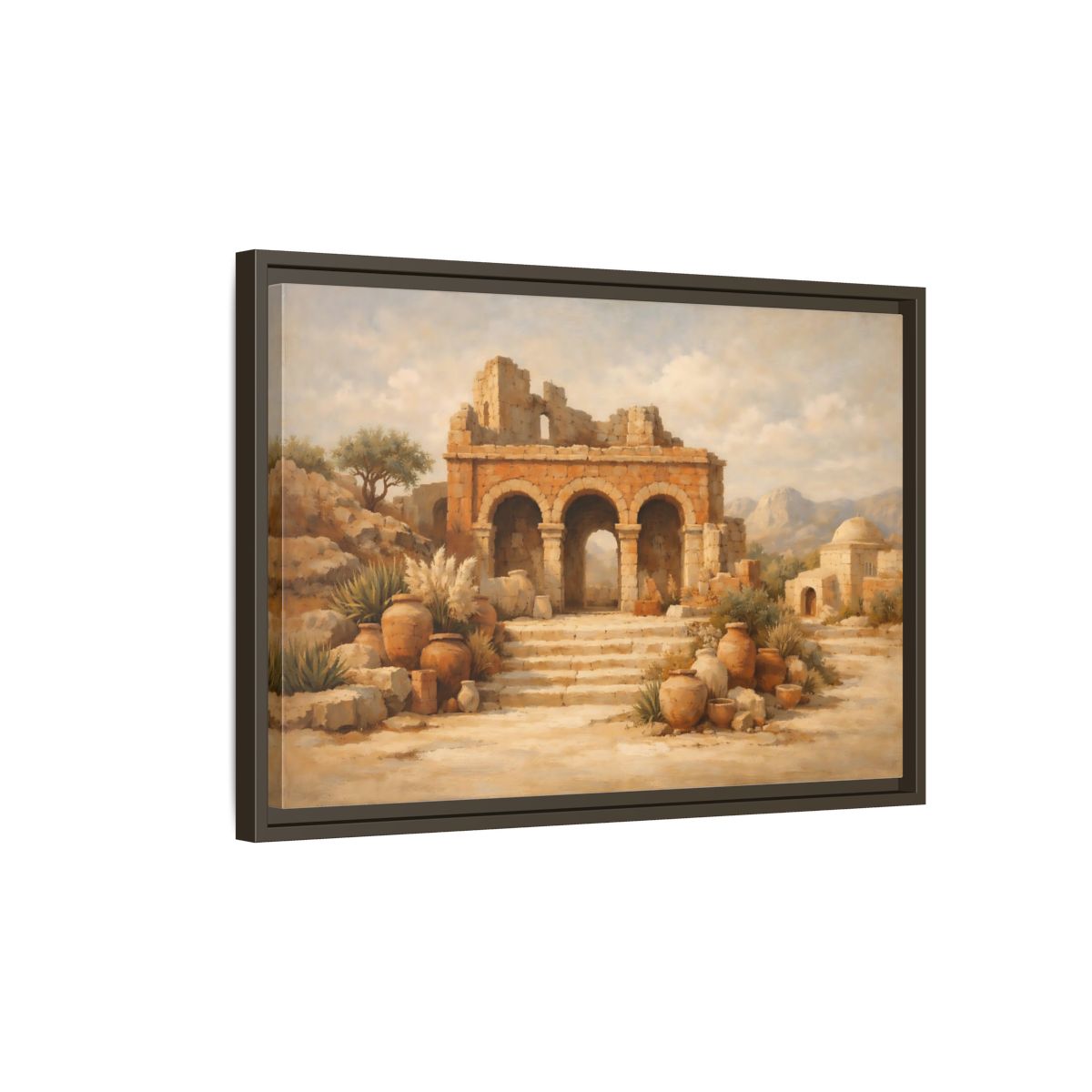 Side Mockup 2. Vintage Ancient Ruins Brown And Beige shown as stretched canvas wall art