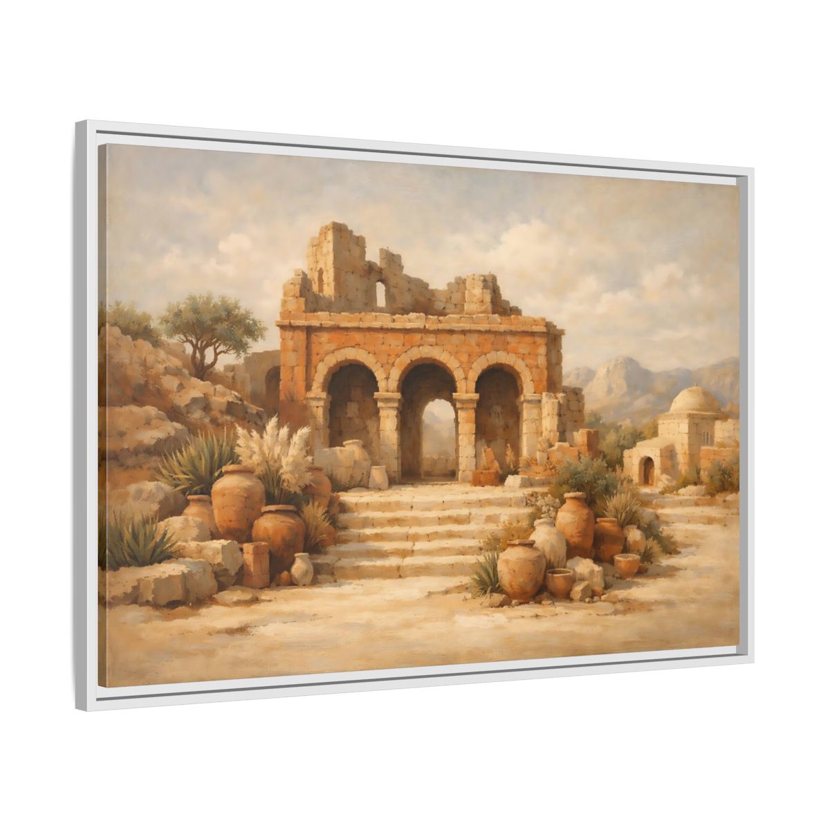 Side Mockup 8. Vintage Ancient Ruins Brown And Beige shown as stretched canvas wall art
